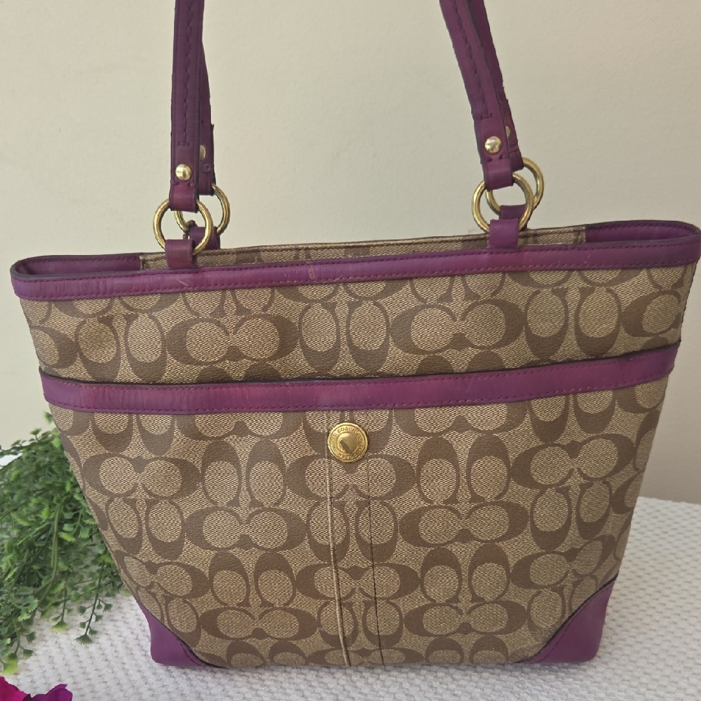Coach Brown Purple Vintage Signature Coated Canvas Tote - Picture 4 of 16